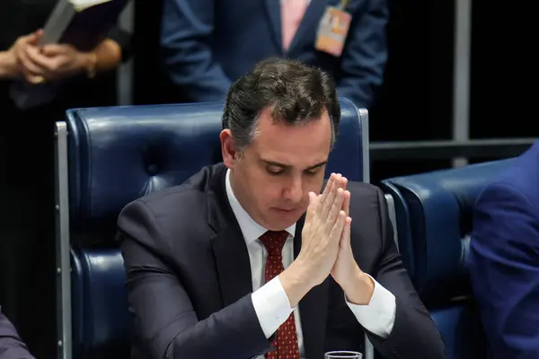 stock image BRASILIA (DF), 06.13.2024 - The President of the Federal Senate, Senator Rodrigo Pacheco, during a solemn session aimed at celebrating 150 years of the Court of Justice of the State of Minas Gerais in the Federal Senate in the city of Brasilia.