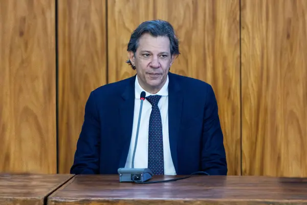 stock image Brasilia (DF), 06/17/2024 - The Minister of Finance, Fernando Haddad, speaking after the Meeting and stated that he spoke with President Luiz Inacio Lula da Silva (PT) about the trajectory of public spending