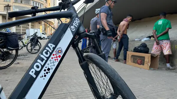 stock image SAO PAULO (SP), 06/26/2024: Bike Policing in the central region of the city of Sao Paulo, due to the large number of robberies carried out by the glass-breaker gang, who operate in central points of the city, this Wednesday. 