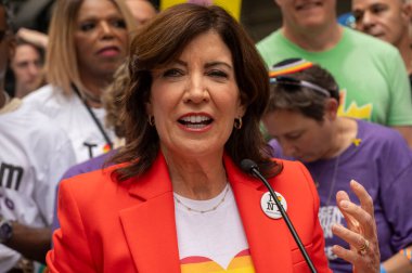 (NEW) Governor Hochul Holds a Presser. June 30, 2024, New York, New York, USA: New York Governor Kathy Hochul speaks to members of the media before the annual New York City Pride Parade clipart