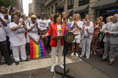 (NEW) Governor Hochul Holds a Presser. June 30, 2024, New York, New York, USA: New York Governor Kathy Hochul speaks to members of the media before the annual New York City Pride Parade clipart