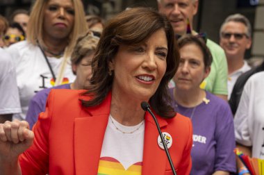 (NEW) Governor Hochul Holds a Presser. June 30, 2024, New York, New York, USA: New York Governor Kathy Hochul speaks to members of the media before the annual New York City Pride Parade clipart