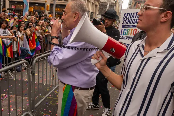 stock image (NEW) 2024 New York City Pride March. June 30, 2024, New York, New York, USA: Senate Majority Leader, U.S. Senator Chuck Schumer (C) participates in the annual New York City Pride Parade on June 30, 2024 in New York City