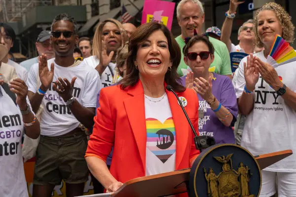 Stock image (NEW) Governor Hochul Holds a Presser. June 30, 2024, New York, New York, USA: New York Governor Kathy Hochul speaks to members of the media before the annual New York City Pride Parade