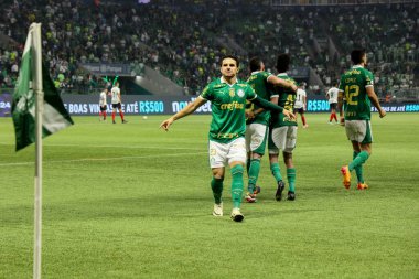 Sao Paulo (SP), 07 / 11 / 2024 - BRASILEIRO / PALMEIRAS vs ATLETICO-GO - Palmeiras oyuncusu Raphael Veiga, Palmeiras ve Atletico-GO arasında oynanan ve Brezilya Şampiyonası 'nın 16. turu için geçerli olan maçta golünü kutluyor. 