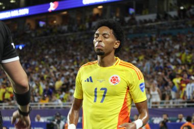 Copa America 2024 Final: Arjantin Kolombiya 'ya karşı. 14 Temmuz 2024, Miami, Florida, ABD: Arjantin ve Kolombiya arasındaki futbol maçında Arjantin Messi Miami 'deki Hard Rock stadyumunda Copa America şampiyonası finali için geçerlidir.