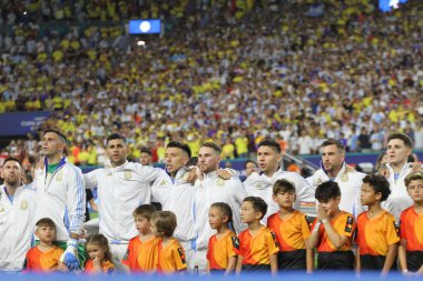Copa America 2024 Final: Arjantin Kolombiya 'ya karşı. 14 Temmuz 2024, Miami, Florida, ABD: Arjantin ve Kolombiya arasındaki futbol maçında Arjantin Messi Miami 'deki Hard Rock stadyumunda Copa America şampiyonası finali için geçerlidir.