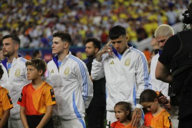 Copa America 2024 Final: Arjantin Kolombiya 'ya karşı. 14 Temmuz 2024, Miami, Florida, ABD: Arjantin ve Kolombiya arasındaki futbol maçında Arjantin Messi Miami 'deki Hard Rock stadyumunda Copa America şampiyonası finali için geçerlidir.