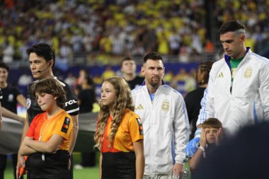 Copa America 2024 Final: Arjantin Kolombiya 'ya karşı. 14 Temmuz 2024, Miami, Florida, ABD: Arjantin ve Kolombiya arasındaki futbol maçında Arjantin Messi Miami 'deki Hard Rock stadyumunda Copa America şampiyonası finali için geçerlidir.