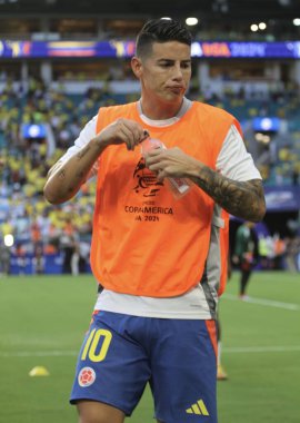 Copa America 2024 Final: Arjantin Kolombiya 'ya karşı. 14 Temmuz 2024, Miami, Florida, ABD: Kolombiya 'dan James Rodriguez Arjantin ve Kolombiya arasında oynanan futbol maçı sırasında Hard Rock Stadyumu' nda oynanan Copa America final maçı için geçerlidir.