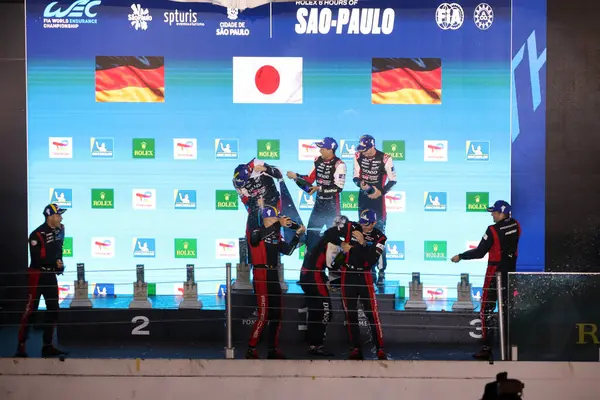 stock image SAO PAULO (SP), 07/14/2024 - The Toyota team confirmed their favoritism and won with car 8 composed of Sebastien Buemi, who finished the race, Brendon Hartley and Ryo Hirakawa, thus becoming the fifth different car to triumph in five Hypercars stages