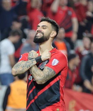 Curitiba (PR), 07 / 25 / 2024 - Athletco Pr 'den Gozalo Mastriani play-off' ların rövanşında Athletico Paranaense ile Cerro Porteo arasında oynanan karşılaşmada golünü kutluyor..