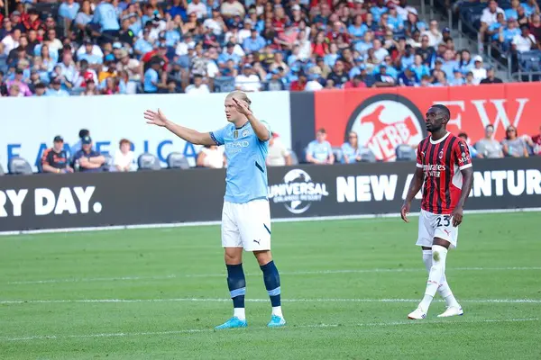 stock image Manchester City vs AC Milan, July 27, 2024, The Bronx, New York, USA: Haaland of City celebrates his goal during the anticipated international sold out soccer game  between The Citizen and Milan at Yankees Stadium.