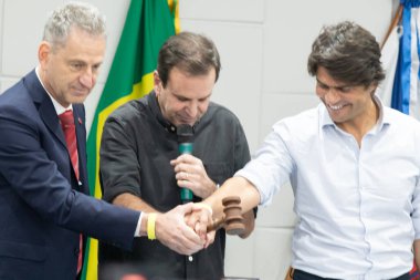 Rio de Janeiro (RJ), Brezilya 07 / 31 / 2024 Rodolfo Landim, Clube de Regatas do Flamengo Başkanı, Eduardo Paes Rio de Janeiro Belediye Başkanı ve Federal Pedro Paulo (PSD-RJ))