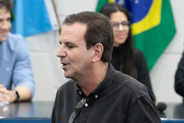 stock image Rio de Janeiro (RJ), Brazil 07/31/2024 Eduardo Paes Mayor of Rio de Janeiro, the public auction of the Gasometer land took place on the afternoon of Wednesday 31 July 2024