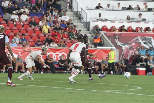 stock image Red Bull Leipzig vs Aston Villa Friendly. July 31, 2024, Harrison, New Jersey, USA: Haidara (#8) of Leipzig dispute ball with opponent during friendly soccer match between Red Bull Leipzig and Aston Villa on Wednesday (31) at Red Bull Arena 