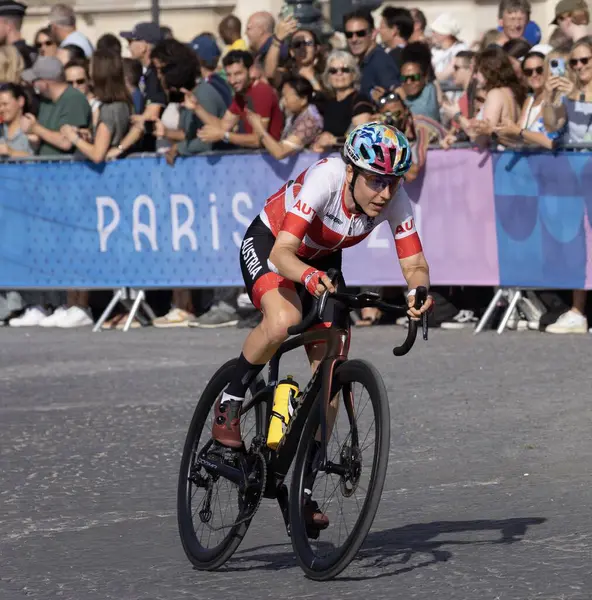 stock image U.S. cyclist Kristen Faulkner wins Gold at Women's Road Race in Olympic Games Paris 2024. August 4, 2024, Paris, France: The Olympic Games Paris 2024 women's road cycling race was won by U.S. cyclist Kristen Faulkner