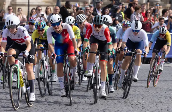 stock image U.S. cyclist Kristen Faulkner wins Gold at Women's Road Race in Olympic Games Paris 2024. August 4, 2024, Paris, France: The Olympic Games Paris 2024 women's road cycling race was won by U.S. cyclist Kristen Faulkner