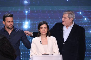 Sao Paulo (SP), 08/08/2024  - Pablo Marcal (PRTB) (e), Tabata Amaral (PSB) (c) and Jose Luiz Datena (PSDB) (d), during a debate for the city hall of Sao Paulo clipart