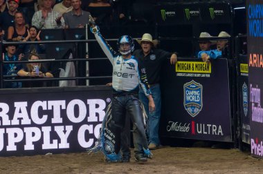 New York Mavericks PBR Camping World Team Series homestand, Maverick Days. August 09, 2024, New York, New York, USA: Carolina Cowboys Sage Steele Kimzey rides Pneu Dart's Gold Standard in game 2 during the New York Mavericks clipart