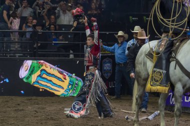 New York Mavericks PBR Camping World Team Series homestand, Maverick Days. August 09, 2024, New York, New York, USA: Florida Freedom's John Crimber rides Armageddon in game 3 during the New York Mavericks PBR Camping World Team  clipart