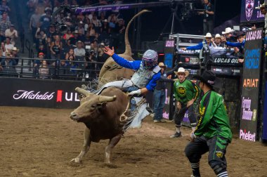 New York Mavericks PBR Kampı Dünya Takım Ligi stand, Maverick Günleri. 09 Ağustos 2024, New York, New York, ABD: New York Mavericks Mauricio Gulla Moreira, New York Mavericks PBR Kampı sırasında Bandito Bug 'a biniyor 