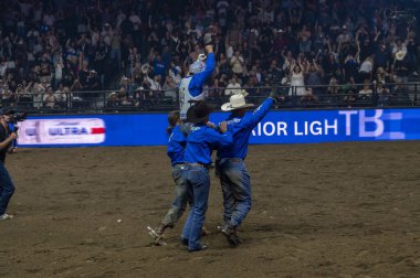 New York Mavericks PBR Camping World Team Series homestand, Maverick Days. August 09, 2024, New York, New York, USA: New York Mavericks Mauricio Gulla Moreira celebrates after riding Bandito Bug in game 4 during the New York Mavericks clipart