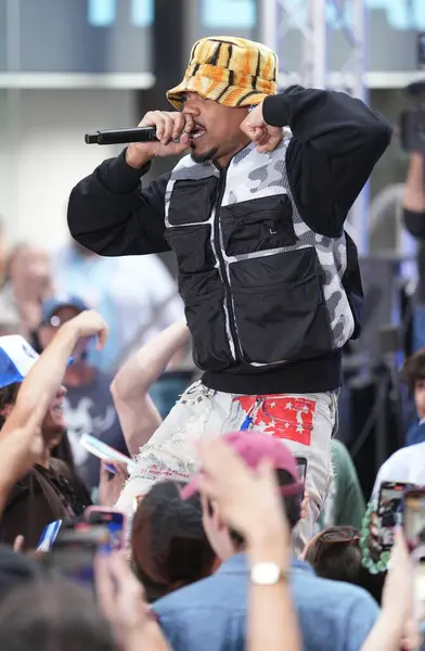 stock image Chance The Rapper Takes the Stage at Rockefeller Plaza for Today's Show. August 16, 2024, New York, USA: Chance The Rapper delivered an energetic performance on the Today Show this morning. 