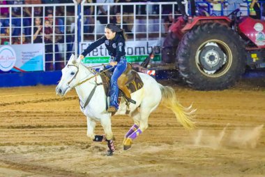 SANTO ANTONIO DA PLATINA (PR), Brezilya 08 / 18 / 2024. - Efapi Fuarı 2024 'ün Rodeo Arena' sında Üç Varil Yarışması