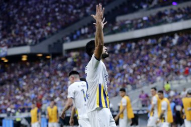 ForTALEZA (CE), Brezilya 08 / 21 / 2024 - Oyuncu Mallo, Fortaleza ile Rosario Central arasında oynanan ve Conmebol Sudamericana 2024 'ün 16. Raundunda geçerli olan maçta golünü kutluyor