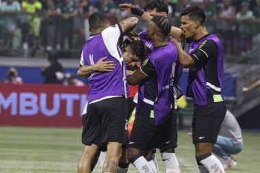 Sao Paulo (SP), Brezilya 08 / 21 / 2024 - Botafogo oyuncusu Savarino, Palmeiras ile Botafogo arasında oynanan karşılaşmada golünü attı ve Copa Conmebol Libertadores 'in 16 raundunun ikinci ayağı için geçerli olan golünü kutladı.