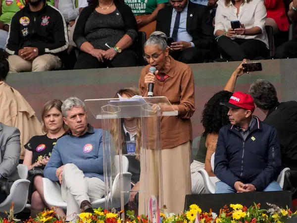 stock image SAO PAULO (SP), Brazil 08/24/2024 - The Minister of the Environment, Marina Silva was present with the candidate for Mayor of Sao Paulo, Guilherme Boulos during his first campaign rally on the morning of this Saturday (24) 