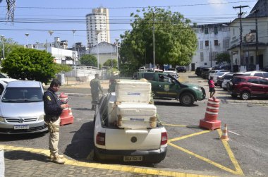 CEARA MIRIM (RN), Brezilya 08 / 26 / 2024 - Rio Grande do Norte 'nin PRF' si, Ceara Mrim kentinde 300 kg 'dan fazla ıstakoz ele geçirdi. Istakozlar eyalet başkenti Natal 'daki IBAMA merkezine götürüldü.