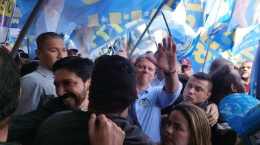 Sao Paulo (SP), Brazil 08/28/2024 - The candidate for re-election for mayor of Sao Paulo Ricardo Nunes (MDB), held a campaign event accompanied by the Governor of Sao Paulo Tarcisio de Freitas (Republicans) clipart