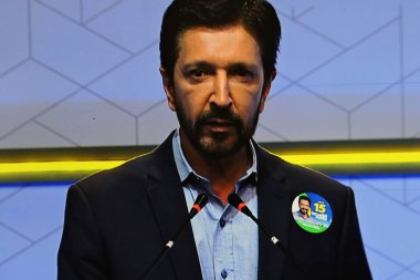 Sao Paulo (SP), Brezilya 09 / 01 / 2024 - TV Gazeta ve Canal MyNews tarafından Avenida Paulista 'daki TV Gazeta genel merkezinde düzenlenen bir tartışma sonrasında, Sao Paulo Ricardo Nunes belediye başkanlığı adayı 