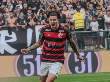 Sao Paulo (SP), Brezilya 09 / 01 / 2024 Flamengo oyuncusu Pedro, 2024 Brezilya Şampiyonası serisi A 'nın 25. turu için Corinthians ve Flamengo arasındaki maçtaki golünü Neo Quimica Arena' da kutluyor.
