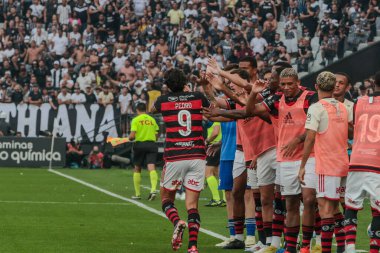 Sao Paulo (SP), Brezilya 09 / 01 / 2024 Flamengo oyuncusu Pedro, 2024 Brezilya Şampiyonası serisi A 'nın 25. turu için Corinthians ve Flamengo arasındaki maçtaki golünü Neo Quimica Arena' da kutluyor.