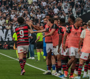 Sao Paulo (SP), Brezilya 09 / 01 / 2024 Flamengo oyuncusu Pedro, 2024 Brezilya Şampiyonası serisi A 'nın 25. turu için Corinthians ve Flamengo arasındaki maçtaki golünü Neo Quimica Arena' da kutluyor.