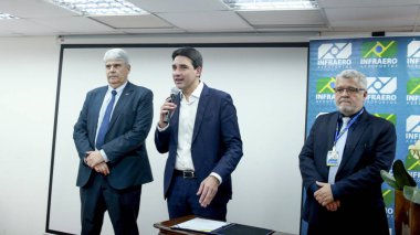 Rio de Janeiro (RJ), Brazil 09/02/2024  The Minister of Ports and Airports, Silvio Costa Filho, together with the president of Infraero, Rogerio Barzellay and Operational Director Eduardo Gonzaga announced this Monday (2) clipart