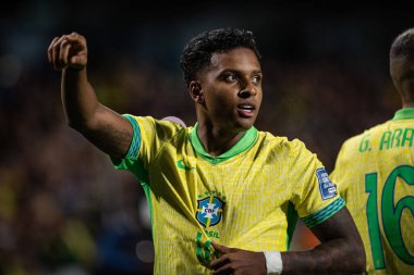 Curitiba (PR), Brezilya 09 / 06 / 2024 - Rodrygo, 2026 Dünya Kupası elemelerinin 7. turu için geçerli olan Brezilya ile Ekvador arasındaki maçtaki golünü 6 Eylül 2024 Cuma gecesi kutluyor