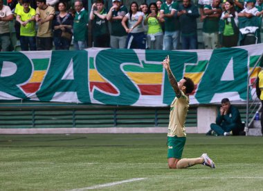 Sao Paulo (SP), Brezilya 09 / 15 / 2024 - Palmeiras 'lı Felipe Anderson, Brezilya Futbol Şampiyonası' nın 26. turunda geçerli olan Palmeiras ve Criciuma arasındaki maçtaki golünü kutluyor