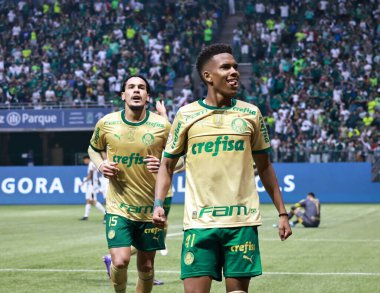 Sao Paulo (SP), Brezilya 09 / 15 / 2024 - Palmeiras 'tan Estevao golünü atıyor ve Brezilya Futbol Şampiyonası' nın 26 'ncı turunda geçerli olan Palmeiras ve Criciuma arasındaki maçtaki golünü kutluyor