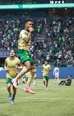 Sao Paulo (SP), Brezilya 09 / 15 / 2024 - Palmeiras 'tan Estevao golünü atıyor ve Brezilya Futbol Şampiyonası' nın 26 'ncı turunda geçerli olan Palmeiras ve Criciuma arasındaki maçtaki golünü kutluyor