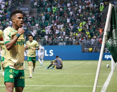 Sao Paulo (SP), Brezilya 09 / 15 / 2024 - Palmeiras 'tan Estevao golünü atıyor ve Brezilya Futbol Şampiyonası' nın 26 'ncı turunda geçerli olan Palmeiras ve Criciuma arasındaki maçtaki golünü kutluyor