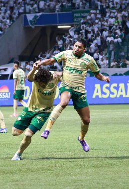 Sao Paulo (SP), Brezilya 09 / 15 / 2024 - Palmeiras 'lı Raphael Veiga, Brezilya Futbol Şampiyonası' nın 26. turu için geçerli olan Palmeiras ve Criciuma arasındaki maçtaki golünü kutluyor.
