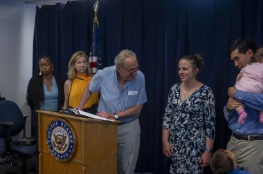 Senator Schumer Announces Another Vote On The Right To IVF Act In The Senate. September 15, 2024, New York, New York, USA: Senate Majority Leader, U.S. Senator Chuck Schumer (D-NY), standing with New York families and a children delivered  clipart