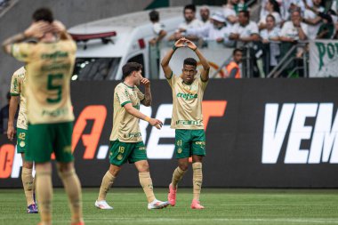 Sao Paulo (SP), Brazil 09/15/2024 - Estevao celebrates his goal in the match between Palmeiras and Criciuma, valid for the 26th round of the Brazilian Football Championship clipart