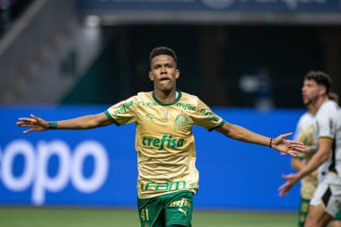 Sao Paulo (SP), Brezilya 09 / 15 / 2024 - Estevao, Brezilya Futbol Şampiyonası 'nın 26. turu için geçerli olan Palmeiras ve Criciuma arasındaki maçtaki golünü kutluyor
