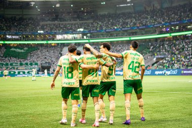 Sao Paulo (SP), Brezilya 09 / 15 / 2024 - Estevao, Brezilya Futbol Şampiyonası 'nın 26. turu için geçerli olan Palmeiras ve Criciuma arasındaki maçtaki golünü kutluyor