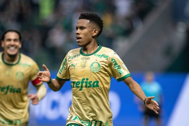 Sao Paulo (SP), Brezilya 09 / 15 / 2024 - Estevao, Brezilya Futbol Şampiyonası 'nın 26. turu için geçerli olan Palmeiras ve Criciuma arasındaki maçtaki golünü kutluyor